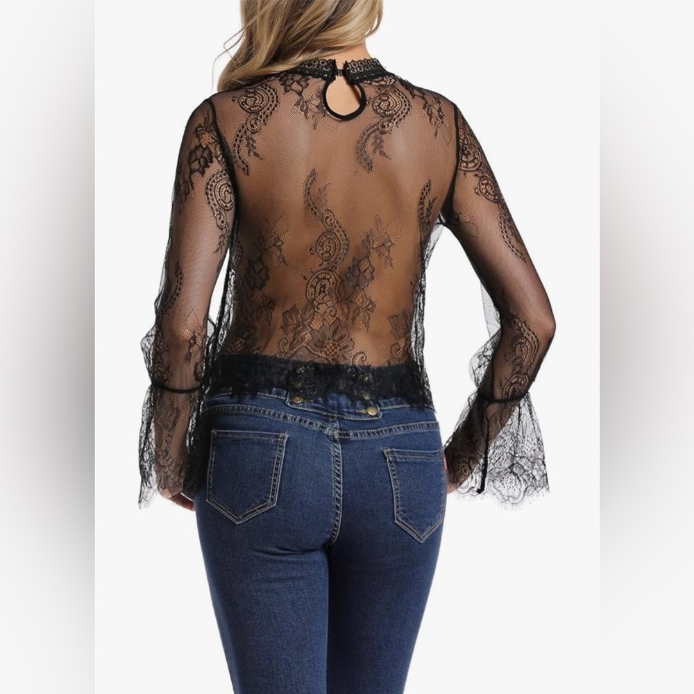 NWOT AdoreShe Sheer Lace Blouse, Black